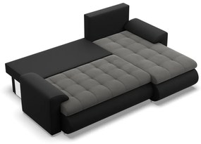 Tokio sarokkanapé, 2 ágyneműtartóval, bársony + műbőr, jobboldali, szürke - fekete