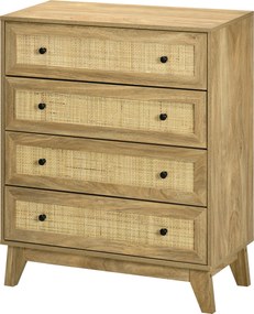 HOMCOM 4-fiókos Keskeny Komód Rattan Előlapokkal és Magas Lábakkal - Hálószobai Komód Nappaliba és Irodába 80x35x95 cm Természetes | Aosom