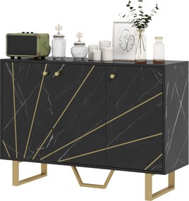 HOMCOM Modern Oldalpolc Nappali Oldalpolc 2 Ajtóval és Állítható Polccal, Kiegészítő Bútor Nappaliba Márvány Hatással, Anti-Billenés 107x35x75 cm Feke