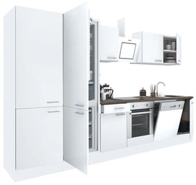 Yorki 340 konyhabútor fehér korpusz,selyemfényű fehér front alsó sütős elemmel polcos szekrénnyel és alulfagyasztós hűtős szekrénnyel