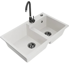 Mexen Tomas, gránit mosogató 800x500x190 mm, 2 kamrás és fekete Telma csaptelep, fehér, 6516-20-670200-70