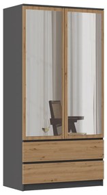 Aldabra SS-90 gardróbszekrény, tükörrel, 90x180x50 cm, antracit-tölgy