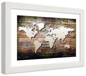 Gario Poszter Világtérkép régi deszkákon A keret színe: Fehér, Méretek: 30 x 20 cm