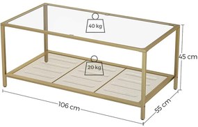 Dohányzóasztal edzett üveglappal és hálós polccal, 106 x 45 x 55 cm, arany színben