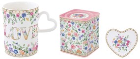 Virág mintás porcelán bögre fém dobozzal és teafiltertartóval szett díszdobozban Easy Life Mon Amour