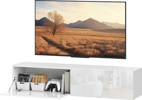 HOMCOM fali TV szekrény 140 cm-es TV-khez 65 inch méretig, alacsony bútordarab TV asztal tárolóval a nappaliba, fényes fehér | Aosom