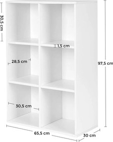 3 szintes könyvespolc, tárolópolc 6 rekesszel, fehér
