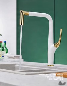 Konyhai csaptelep ELITE EDITION KF1013 kihúzható, több vízsugaras zuhanyfejjel, több színváltozatban — Szálcsiszolt arany