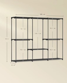 DRESSIO nyitott ruhásszekrény polcokkal, 205x43x166 cm, fekete SongmicsHome