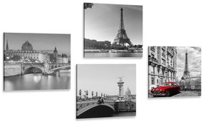 Képszett Párizs piros retro autóval