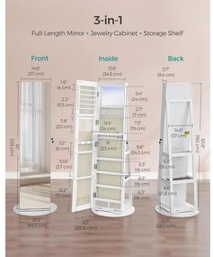 SONGMICS ékszerszekrény, tükrös szekrény 360°-ban forgatható,  fehér felülettel és greige