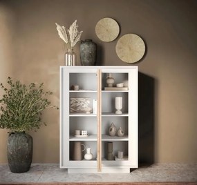 SKY 2.0 magas komód, 2 ajtóval, fehér matt lakkozott vázzal és Cadiz tölgy mintázatú laminált előlapokkal