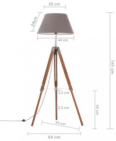 mézbarna-szürke háromlábú tömör tíkfa állólámpa 141 cm