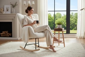 Hintaszék, relaxációs szék, szoptatós fotel plüss szövet kárpitozással, fehér színű