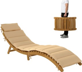 Outsunny összecsukható fa napozóágy párnával és fejtámlával, időjárásálló akác keret, hordfogantyú — bézs, 183 x 54 x 63 cm, max. 120 kg | Aosom