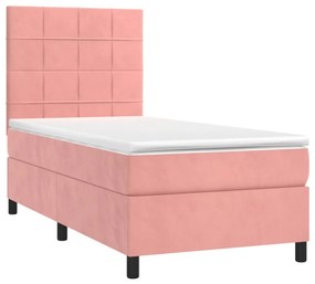 rózsaszín bársony rugós és LED-es ágy matraccal 90x200 cm