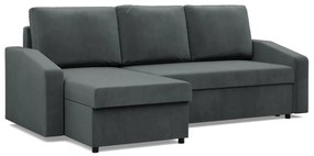 Zeus sarokkanapé, 2 ágyneműtartóval, döntött kartámasz, bársony, univerzális oldal, bonell töltet, szürke