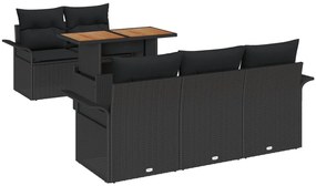 6 Részes Kerti Kanapé Szett Párnával Fekete Poli Rattan, 2-Személyes Kerti Kanapé Tárolóval és Párnával Fekete Poli Rattan