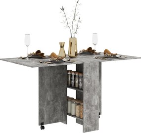 HOMCOM Hajtható Étkezőasztal Konyhaasztal Kerekekkel, Hajtható Szárnyakkal és Polcokkal 4-6 Fő Részére 75x140x74 cm Szürke Cement | Aosom
