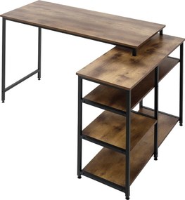 HOMCOM Sarokasztal L-alakú Íróasztal Számítógépasztal Irodai Asztal Polc Fiókkal L-alakú Forgácslap Fém Rusztikus Barna 135 x 90 x 79 cm | Aosom