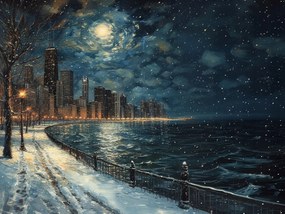 Vászonkép Canvas Éjszaka Panoráma Chicago Tél Hó Csillagok 100x75