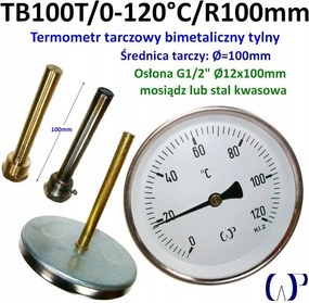 Bimetál hőmérő TB100T/0-120°C/R100 sárgaréz védőburkolat G1/2" 12x100mm