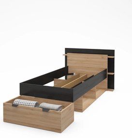 Fekete-natúr színű ágyneműtartós egyszemélyes ágy ágyrács nélkül, tölgyfa dekorral 90x200 cm Albo – Marckeric