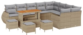 12 darabos kerti kanapészett párnákkal Bézs Poly Rattan Akác, 3 darabos kerti étkező szett párnákkal Bézs Poly Rattan Akác