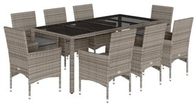 9 részes szürke polyrattan/üveg kerti étkezőgarnitúra párnával