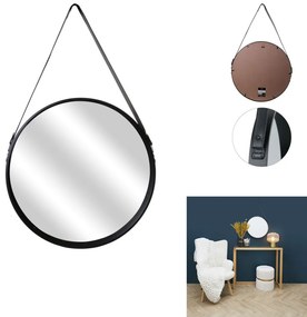 AKCIÓ Fekete kerek tükör bőr fogantyúval NAHAD Ø50 cm II. osztály