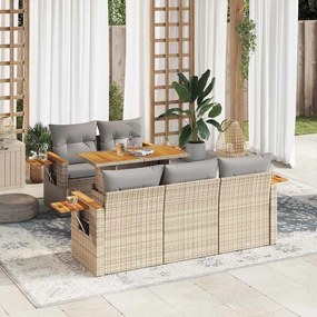 6 részes bézs polyrattan akácfa kerti ülőgarnitúra párnával