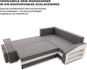 Grande sarokkanapé polcokkal és puffokkal , polc a jobb karfaban puffok a bal karfaban, jobboldali, szövet anyag, bonell töltet, szürke - fehér