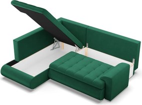 Tokio sarokkanapé, L alakú háttámlával, 2 ágyneműtartóval, bársony, baloldali, zöld