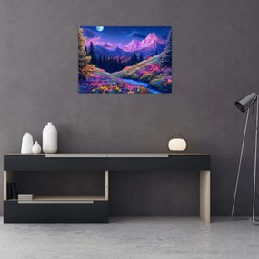 Üveg kép - Lila táj teljes holdfénynél (70x50 cm)