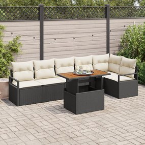 7 részes kerti kanapé szett párnákkal fekete PE rattan akácfa, 2 fős kerti kanapé párnákkal fekete PE rattan