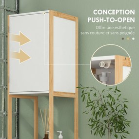 HOMCOM Fürdőszoba Szekrény Magas Szekrény 2 Nyitott Polccal és 2 Szekrénnyel Állítható Polccal, Tolóajtos Megoldás, Bambusz 33L x 33W x 170H cm Fehér