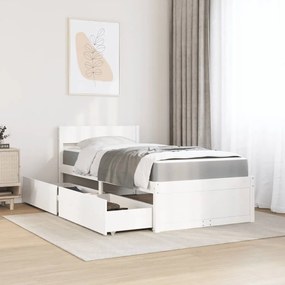 fehér tömör fenyőfa ágy fiókokkal és matraccal 100 x 200 cm