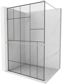 Mexen Kioto+, Walk-In zuhany paraván polccal és akasztóval 130 x 200 cm, 8 mm átlátszó üveg fekete mintás, csiszolt acél profil, 800-130-121-97-78