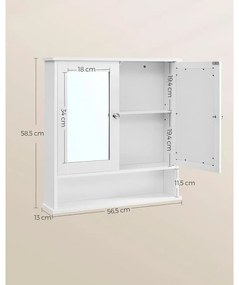 Fali tükrös fürdőszoba szekrény 2 ajtóval, fehér, 56x13x58 cm
