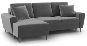 Világosszürke bársony kinyitható tárolóhelyes sarokkanapé (bal oldali-heverő résszel) Kyoto – Cosmopolitan Design