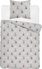 Karácsonyi pamut ágyneműhuzat 140x200 szürke macska mintás Mikulás sapka