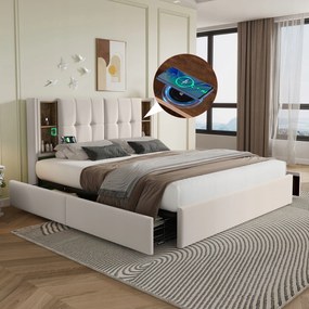 Kárpitozott ágykeret 160x200cm Dupla ágy Usb C 4 fiók+matrac