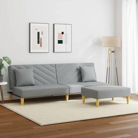 2 személyes világosszürke szövet kanapéágy párnával/lábtartóval