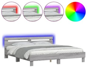 szürke sonoma színű ágykeret fejtámlával és LED-del 200x200 cm