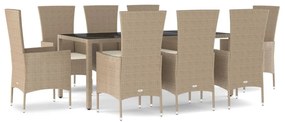 9 részes bézs polyrattan kerti étkezőgarnitúra párnákkal
