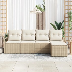 5 Részes Bézs Poly Rattan Kerti Kanapé Szett Párnákkal