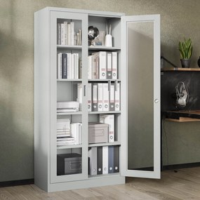 Vitrines fém szekrény üvegezett ajtókkal AMELIA, 900 x 1850 x 400 mm, szürke
