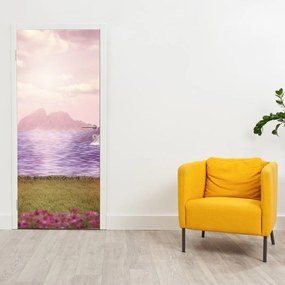 Fotótapéta ajtóra - Rózsaszín fák tóval (95x205cm)