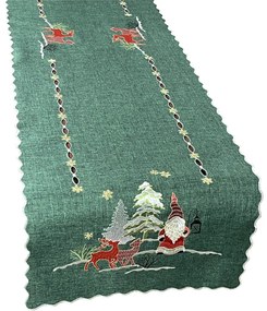 Karácsonyi zöld asztali futó hímzett manóval és rénszarvassal Szélesség: 40 cm | Hosszúság: 220 cm