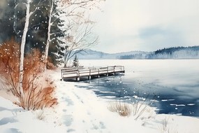 Fotótapéta Flizelina Tájkép Tél Hó Tó Móló Híd 208x146 ragasztó